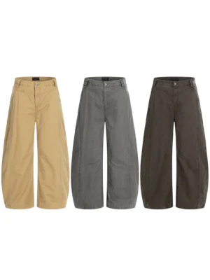 Barrel leg cotton twill chino pants group flat lay showing khaki grey and brown wide leg streetwear color options