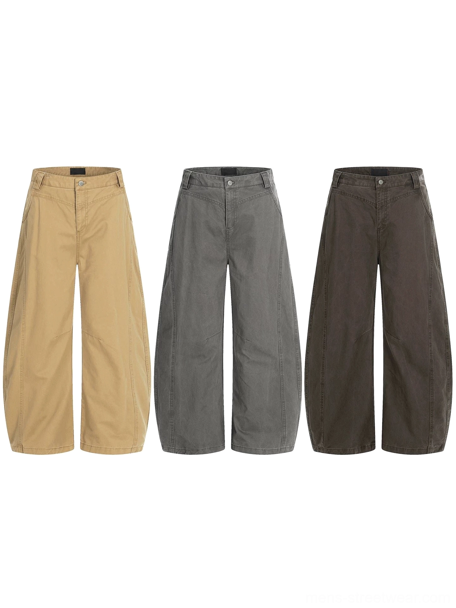 Barrel leg cotton twill chino pants group flat lay showing khaki grey and brown wide leg streetwear color options