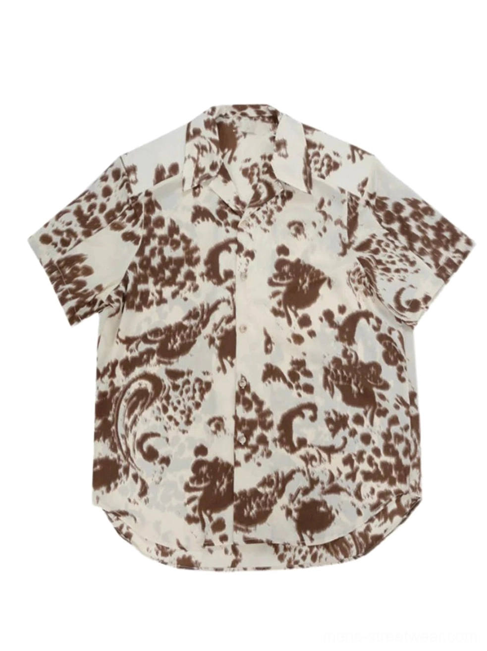 Flat lay view of a beige abstract ink print button-down short-sleeve shirt with curved hem and retro Korean streetwear design