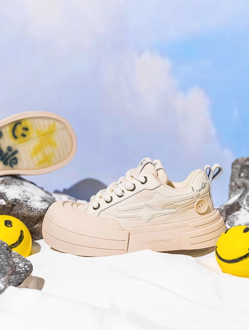Single beige chunky platform sneaker in side three-quarter view showing lace-up construction, tongue detail, layered upper, and sculpted oversized sole
