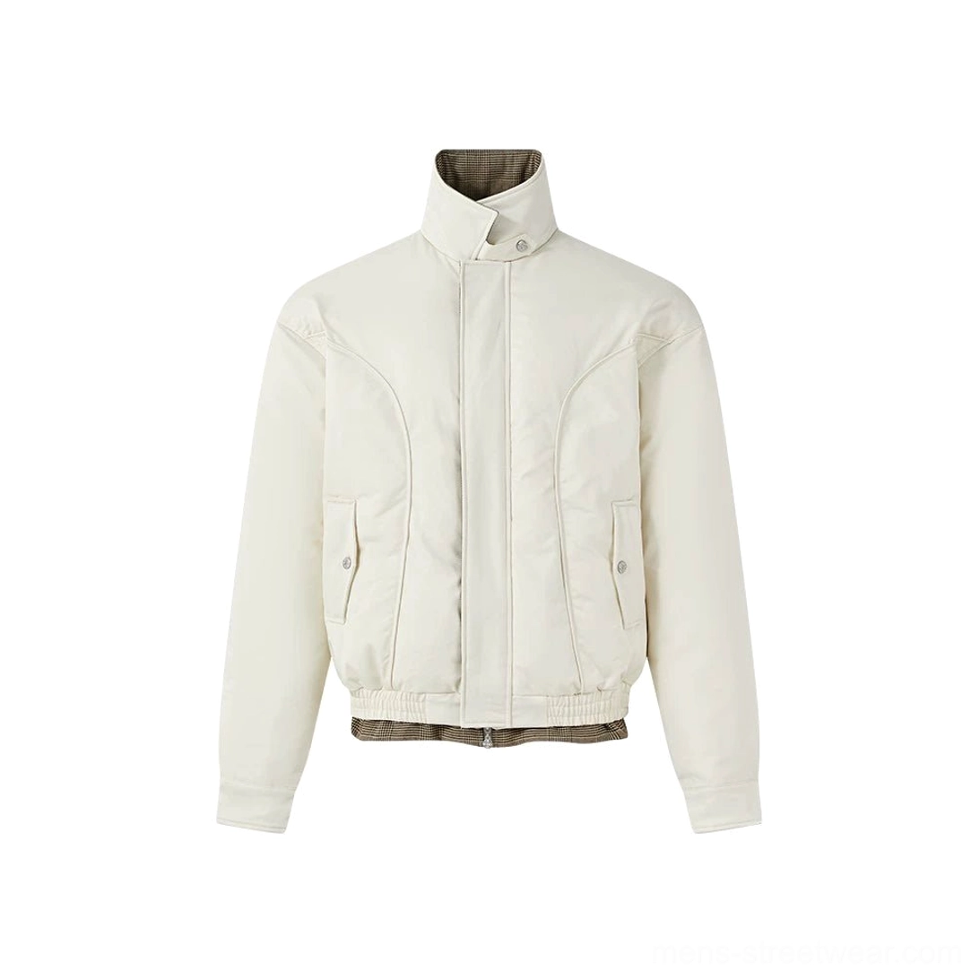 Beige cotton version plaid-lined cropped Harrington jacket product view with contrast check lining and snap pockets