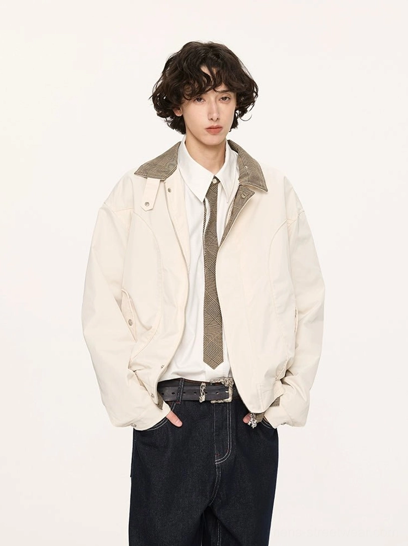 Beige cropped Harrington jacket with contrast plaid collar lining worn with white shirt khaki tie and dark denim