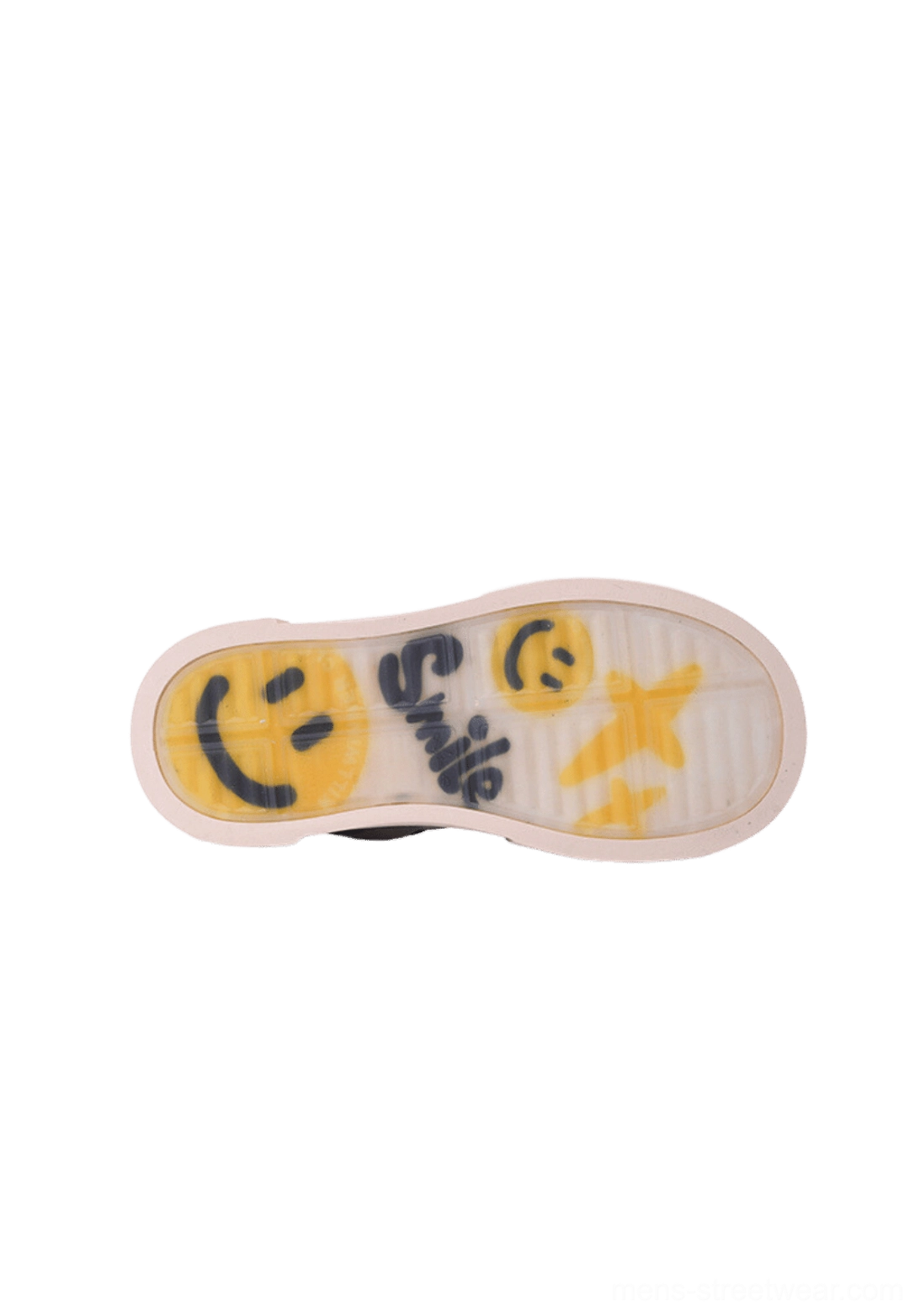 Single beige platform sneaker outsole displayed from above with translucent rubber, printed smiley face, star graphics, and smile lettering