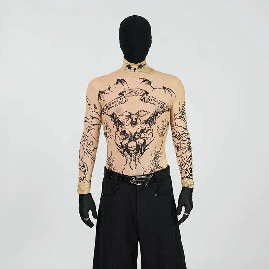 Beige sheer tattoo mesh turtleneck top with white gothic graphics, fitted long sleeves, and East Asian streetwear styling