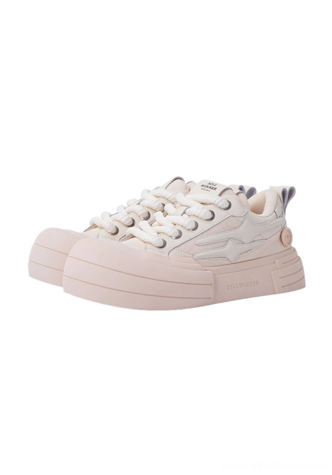 Single beige smile graphic platform sneaker shown in side profile with layered panels, lace-up front, chunky rubber sole, and star-shaped side detail