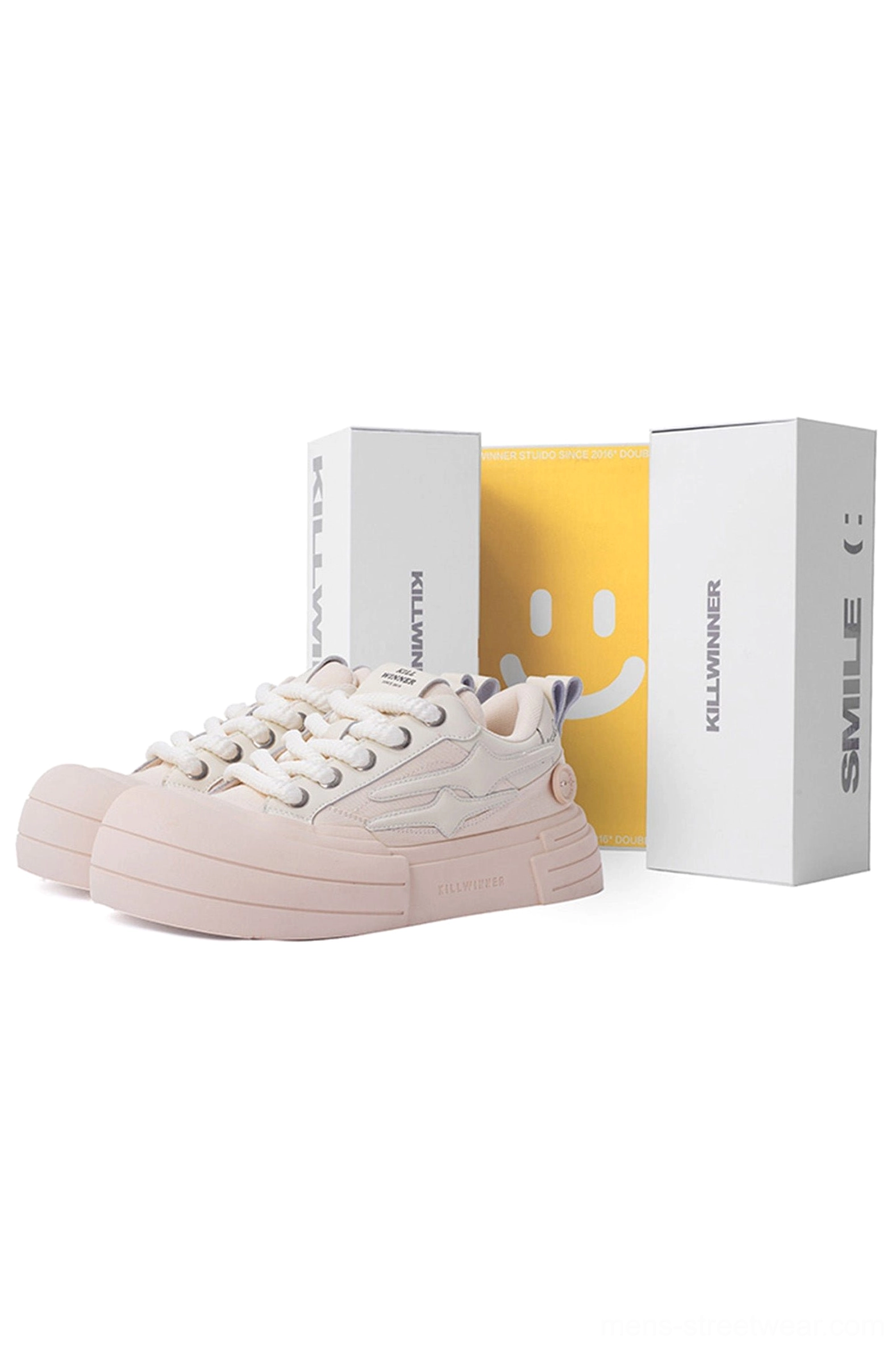 Pair of beige graphic platform sneakers displayed with matching retail packaging boxes and coordinated smile streetwear design