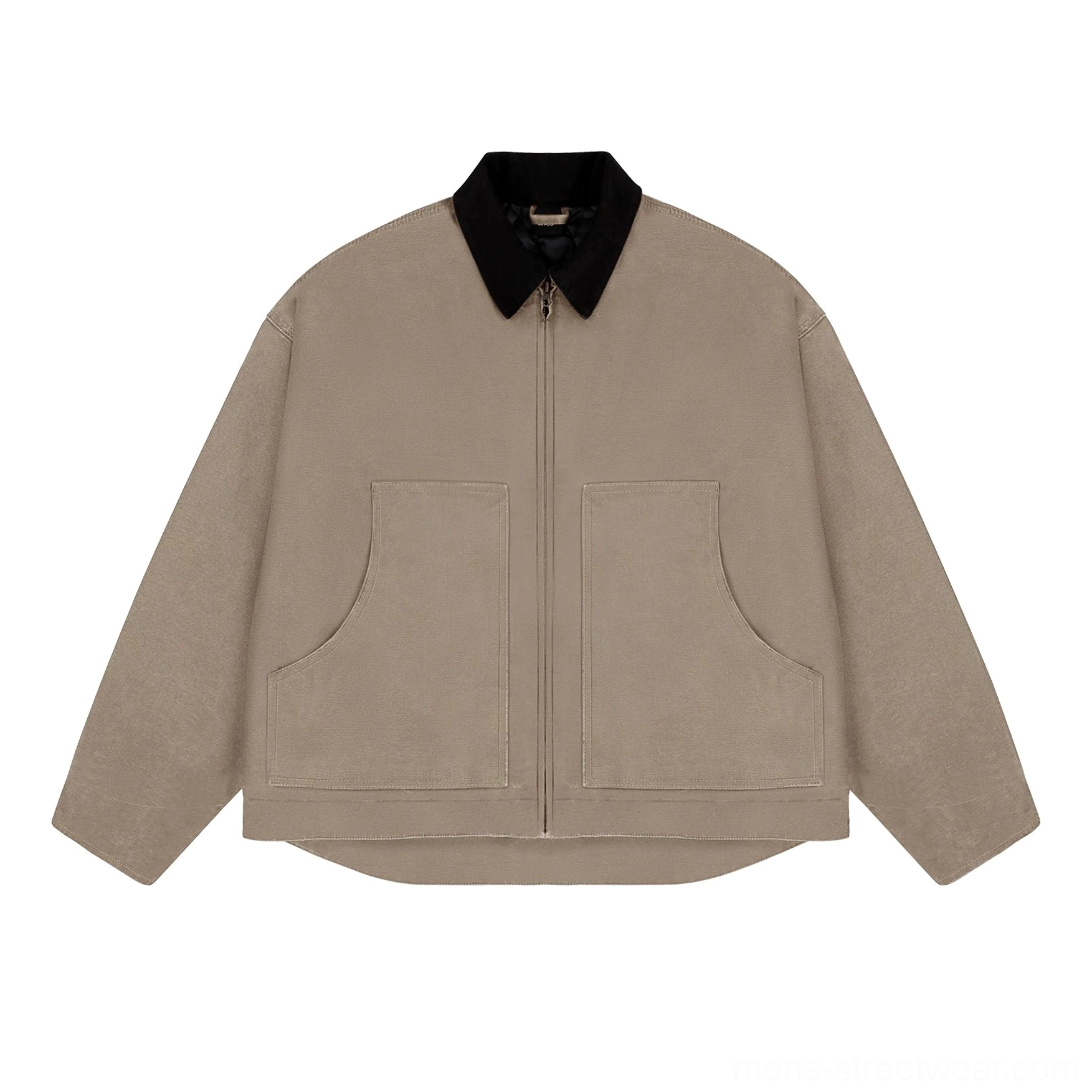 Beige two-tone corduroy collar work jacket with cotton canvas shell and quilted lining for relaxed streetwear layering