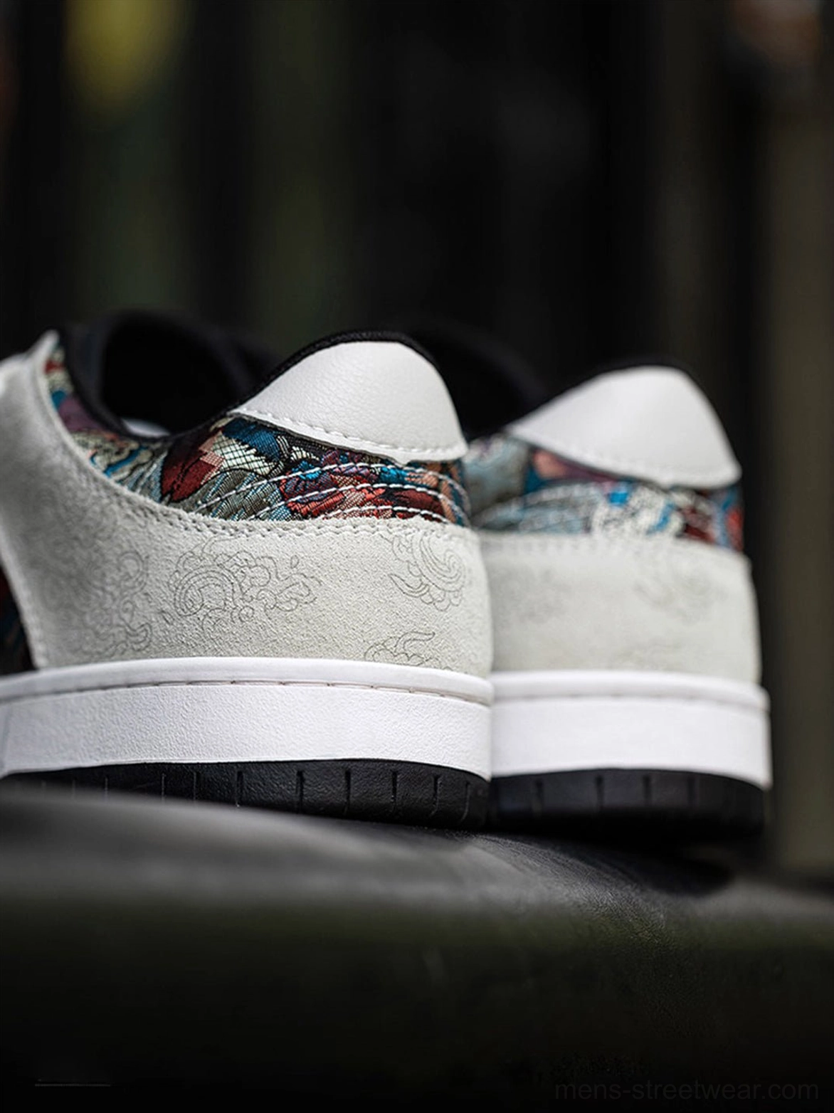 Bird embroidered brocade court sneakers in white with contrasting black outsole for contemporary East Asian streetwear