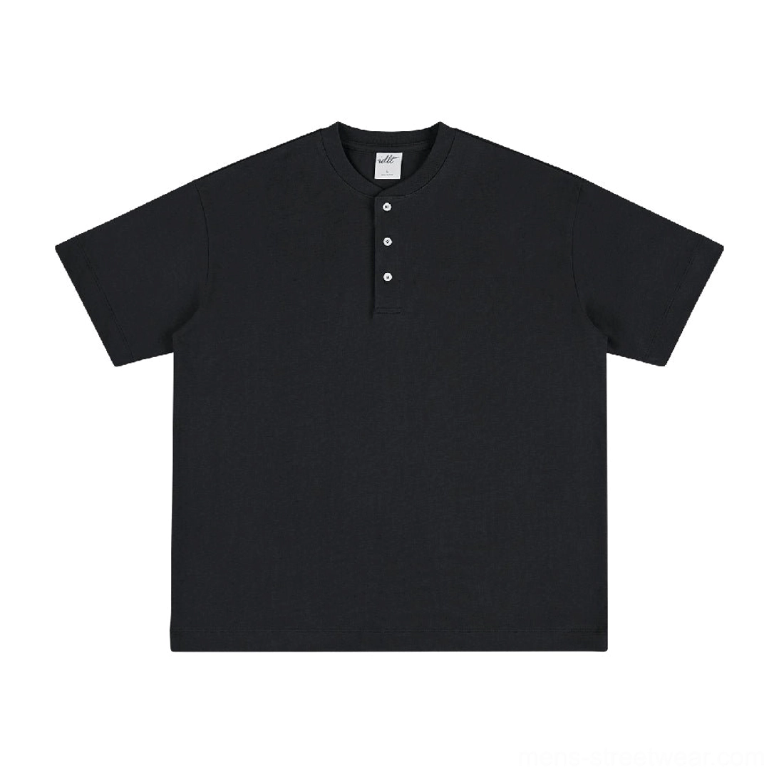 Black 320G heavyweight cotton oversized Henley t-shirt showing three-button collar and relaxed silhouette