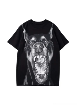 Black 3D Doberman graphic streetwear T-shirt flat lay front view with fierce monochrome dog print