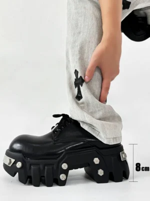 Black 8cm platform Oxford shoe side profile showing the tall platform sole, polished upper, and geometric lug outsole