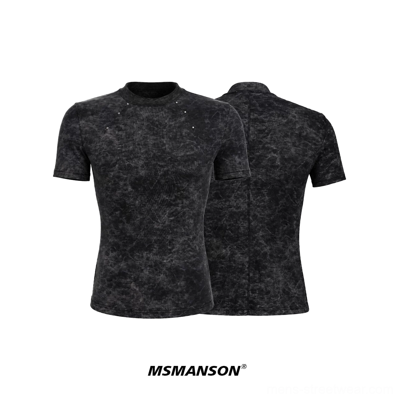 Flat lay front and back view of a black acid washed fitted T-shirt with crew neck shoulder rivets and central back seam