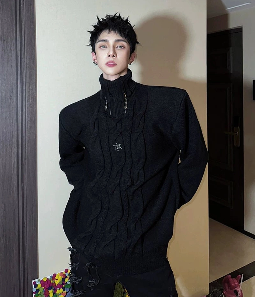 Black Acubi cable knit half-zip turtleneck sweater product image with chunky texture and metal star emblem
