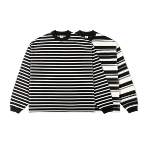 Black and apricot Breton stripe long sleeve streetwear tees shown in a front flat lay with fine and wide stripe layouts
