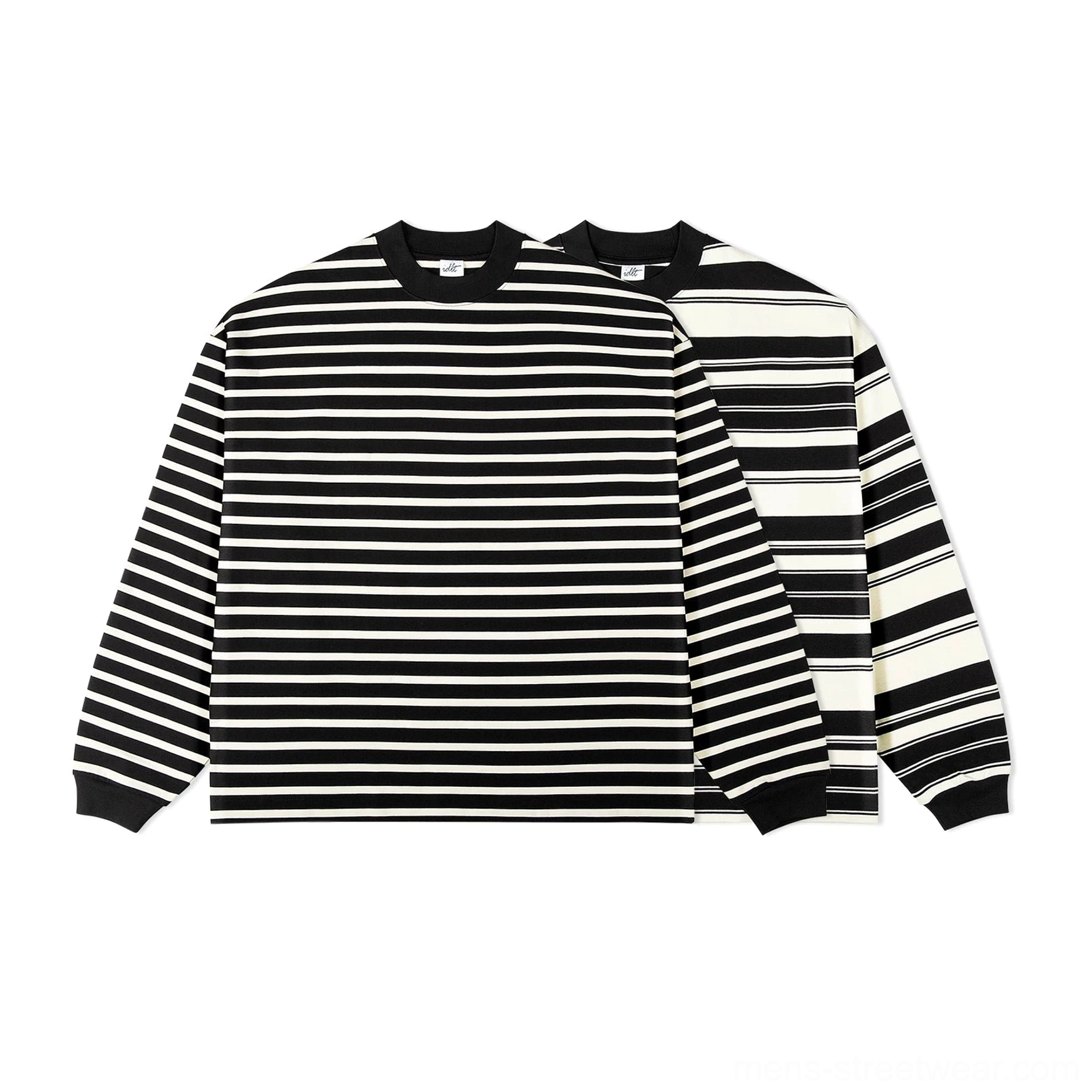 Black and apricot Breton stripe long sleeve streetwear tees shown in a front flat lay with fine and wide stripe layouts