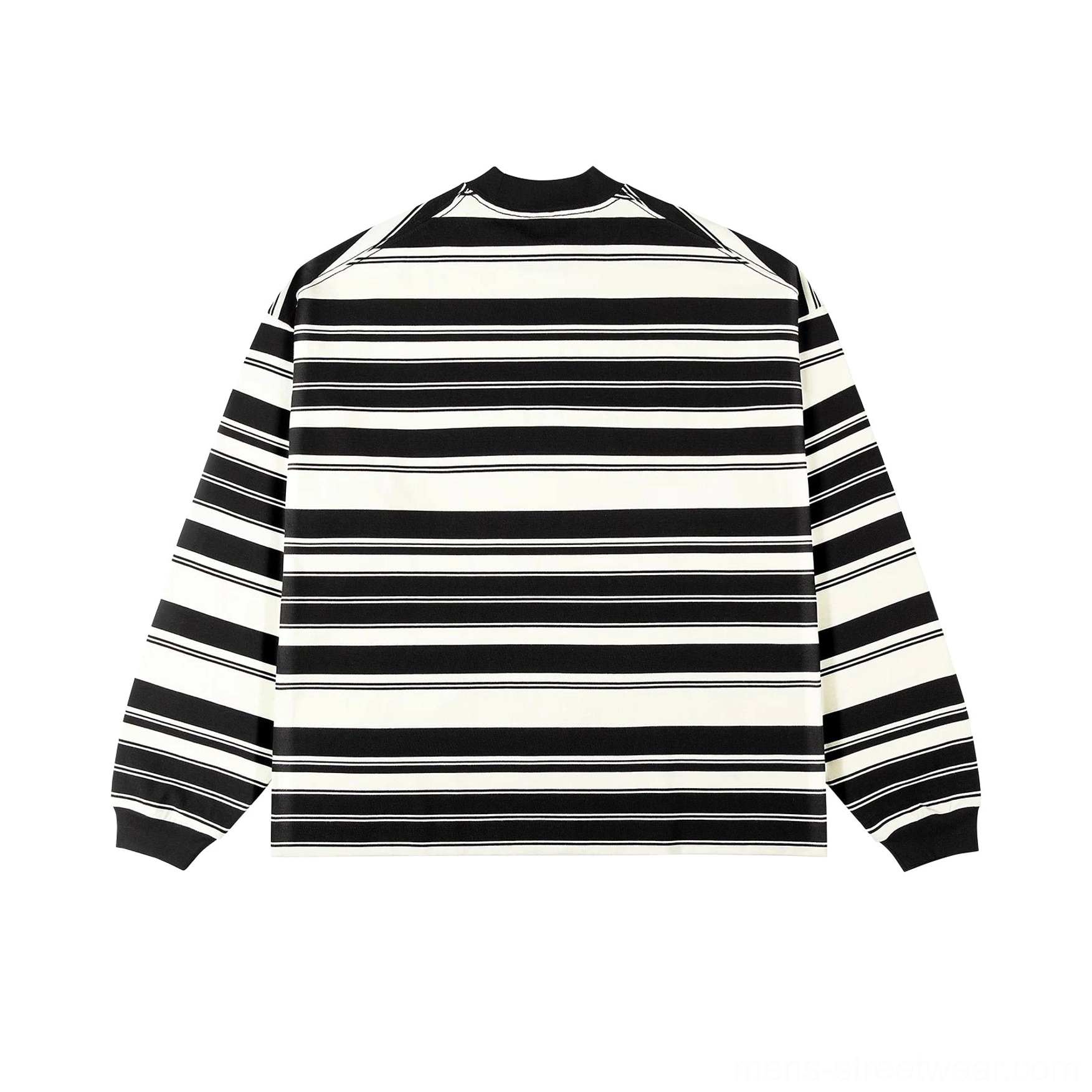 Back view of a relaxed black and apricot Breton stripe long sleeve streetwear tee with consistent stripe placement