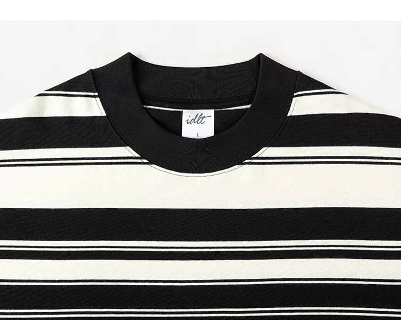 Black and apricot Breton stripe long sleeve streetwear tee product detail for relaxed Korean style outfits