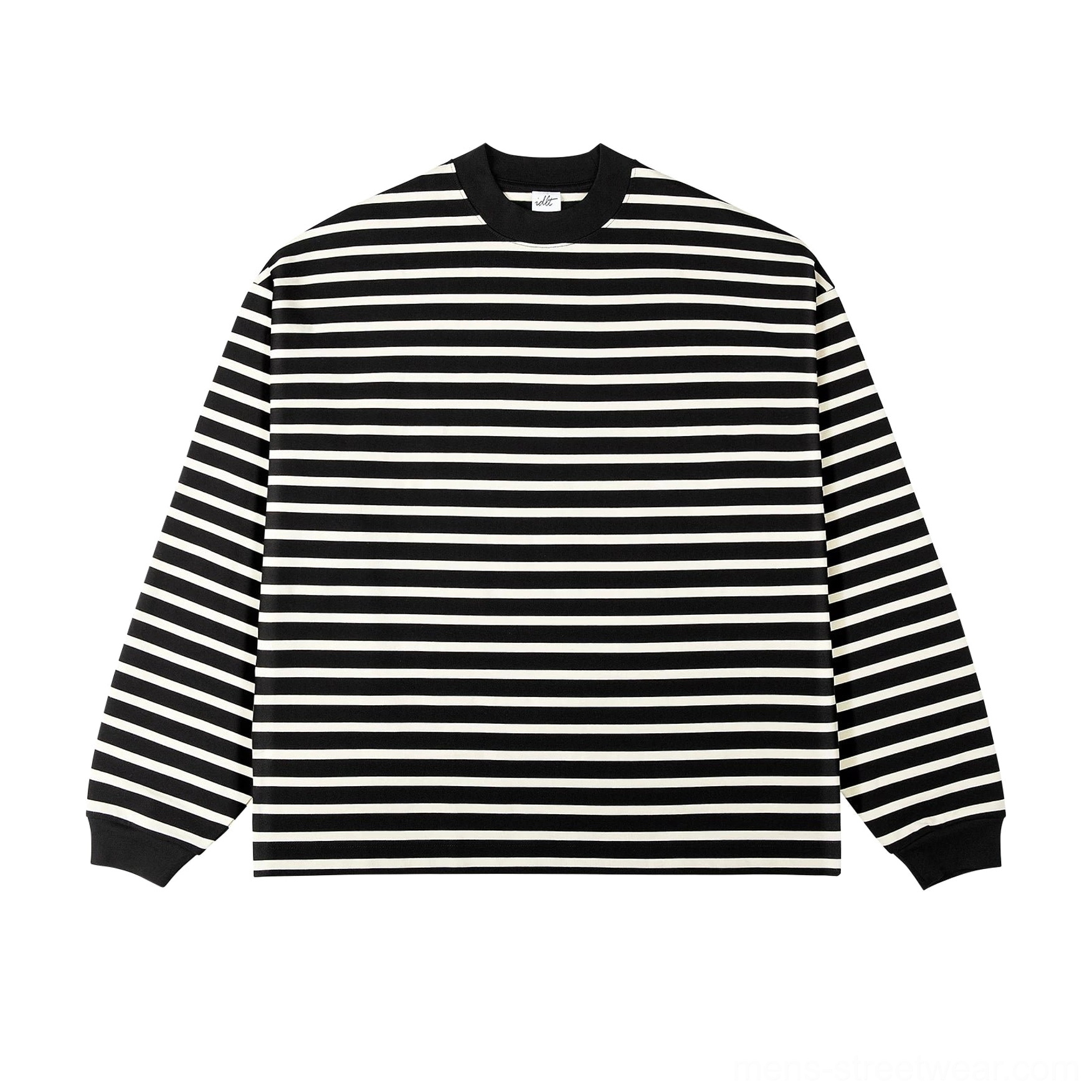 Black apricot fine stripe long sleeve tee with a loose boxy fit for modern East Asian streetwear outfits