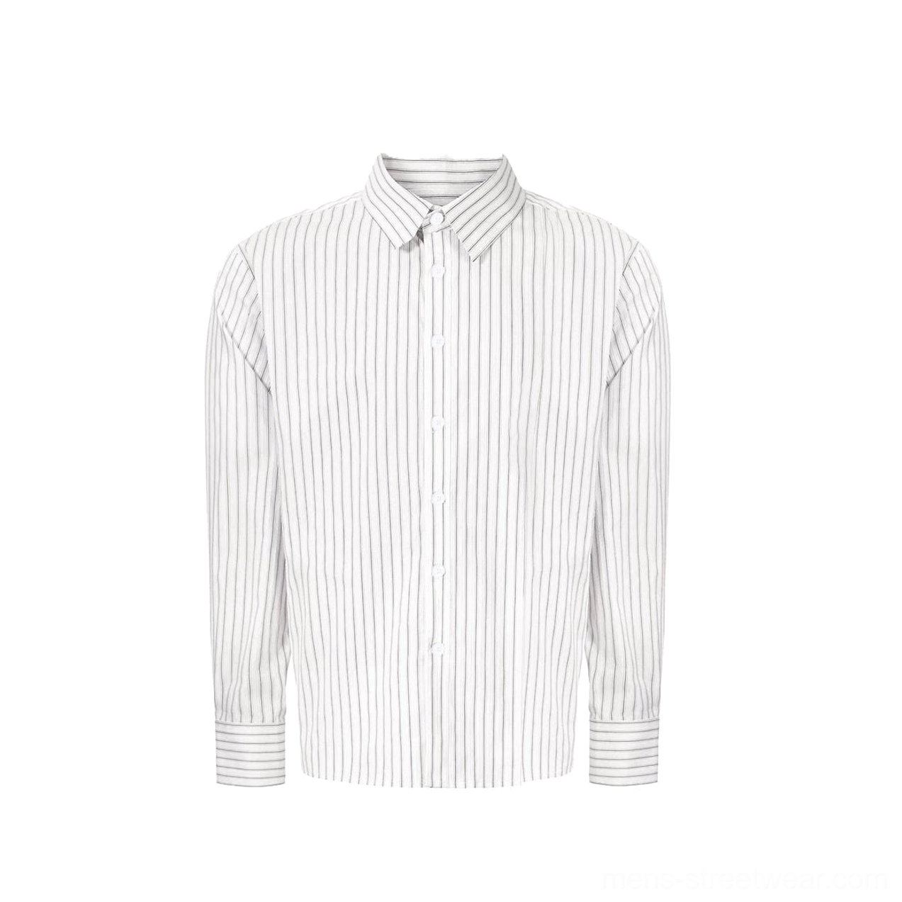 Flat lay view of the Black Apricot vertical stripe Oxford shirt with off-white base dark pinstripes and classic pointed collar