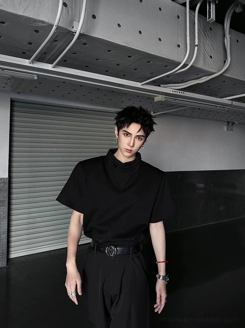 Black architectural mock neck T-shirt with short wide sleeves, relaxed fit, and clean minimalist Korean streetwear design