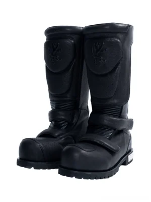 Front view of black armored knee-high leather moto boots with reinforced toe panels adjustable straps and heavy rubber tread soles