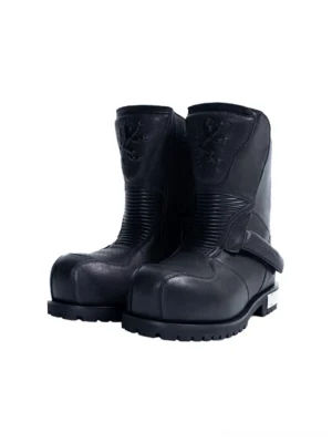 Pair of black armored leather mid-calf moto boots shown from above with ribbed panels ankle straps and metal heel plates