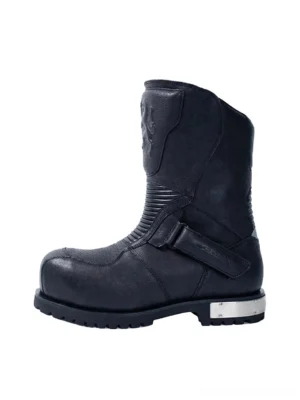 Black armored mid-calf leather moto boot side view with adjustable ankle buckle strap ribbed calf panel and silver metal heel plate