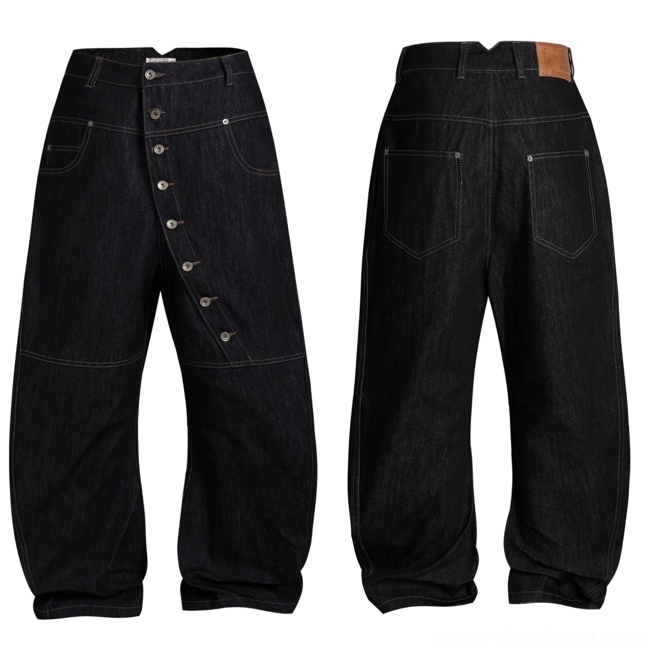Flat lay front and rear view of black asymmetric button fly wide-leg jeans with leather back patch and five pockets