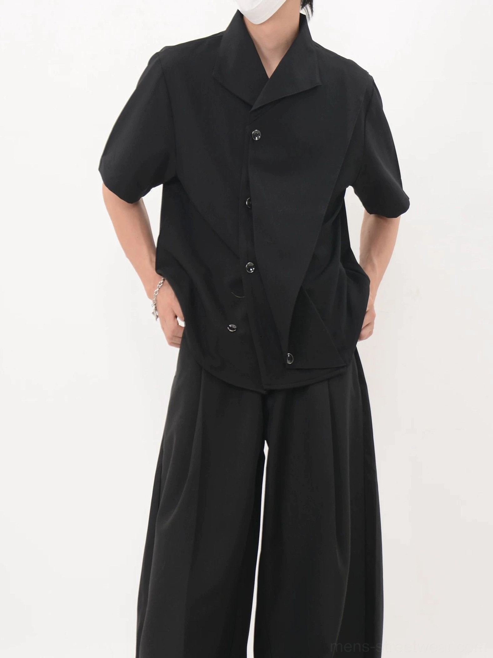 Black asymmetric short sleeve shirt with overlapping front panel right side streetwear view