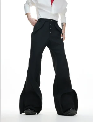Black avant-garde wavy flare trousers styled with a white shirt and red tie in a Seoul fashion inspired studio look
