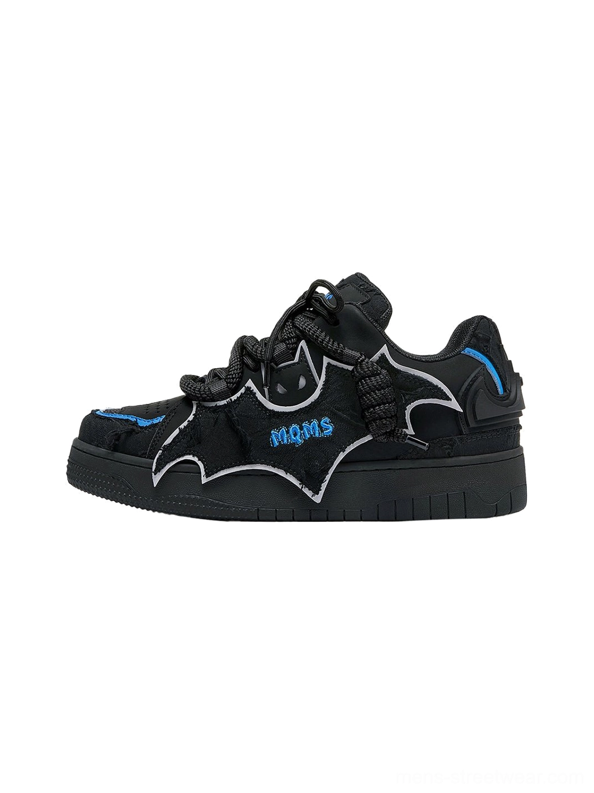 Black bat wing platform sneakers with blue contrast trim, white outlined bat graphic, embroidered details, chunky rubber sole, and low top skate silhouette