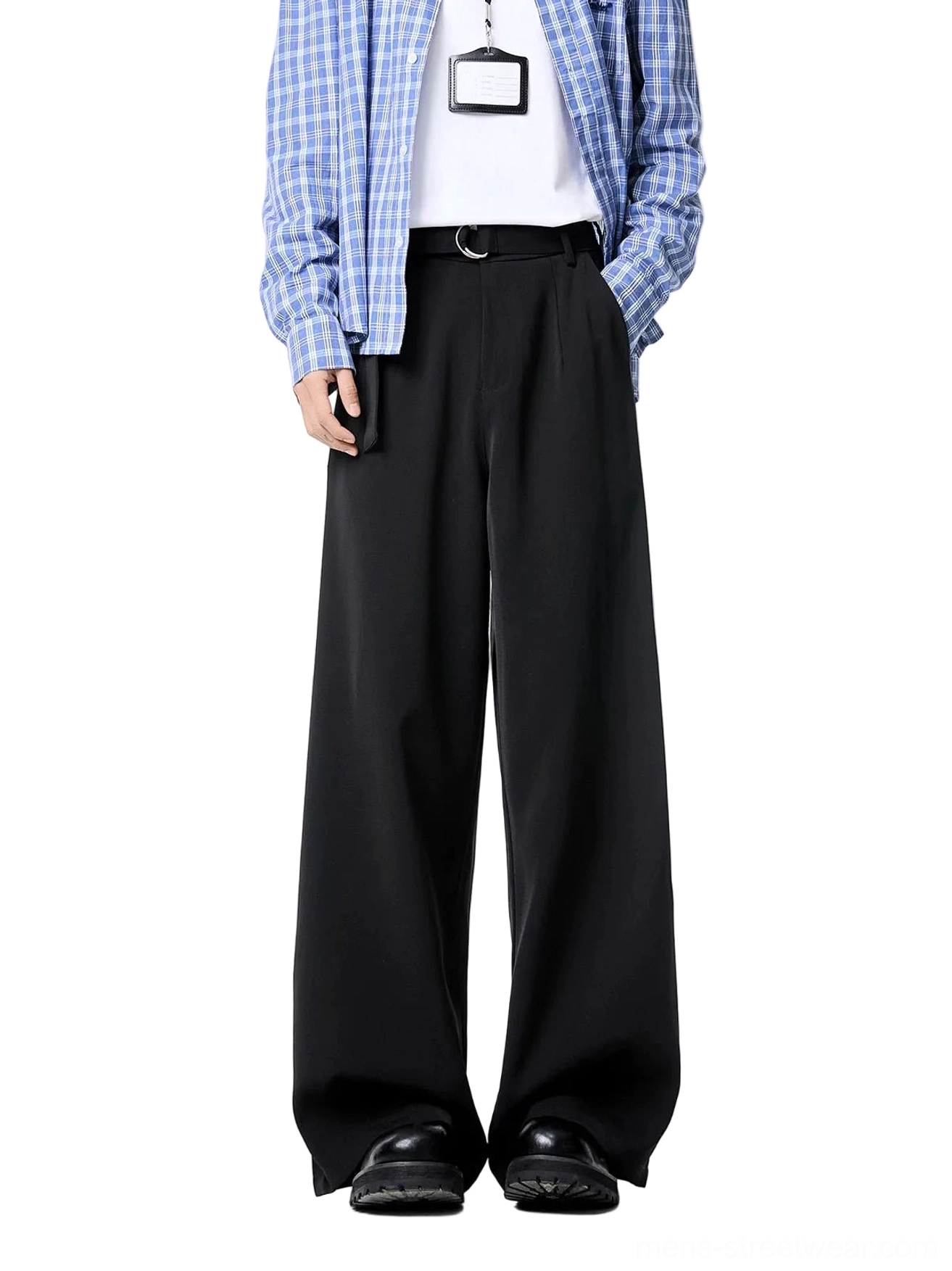Black belted high-waist wide-leg trousers with front pleats styled with a blue checked shirt, white tee and chunky black loafers