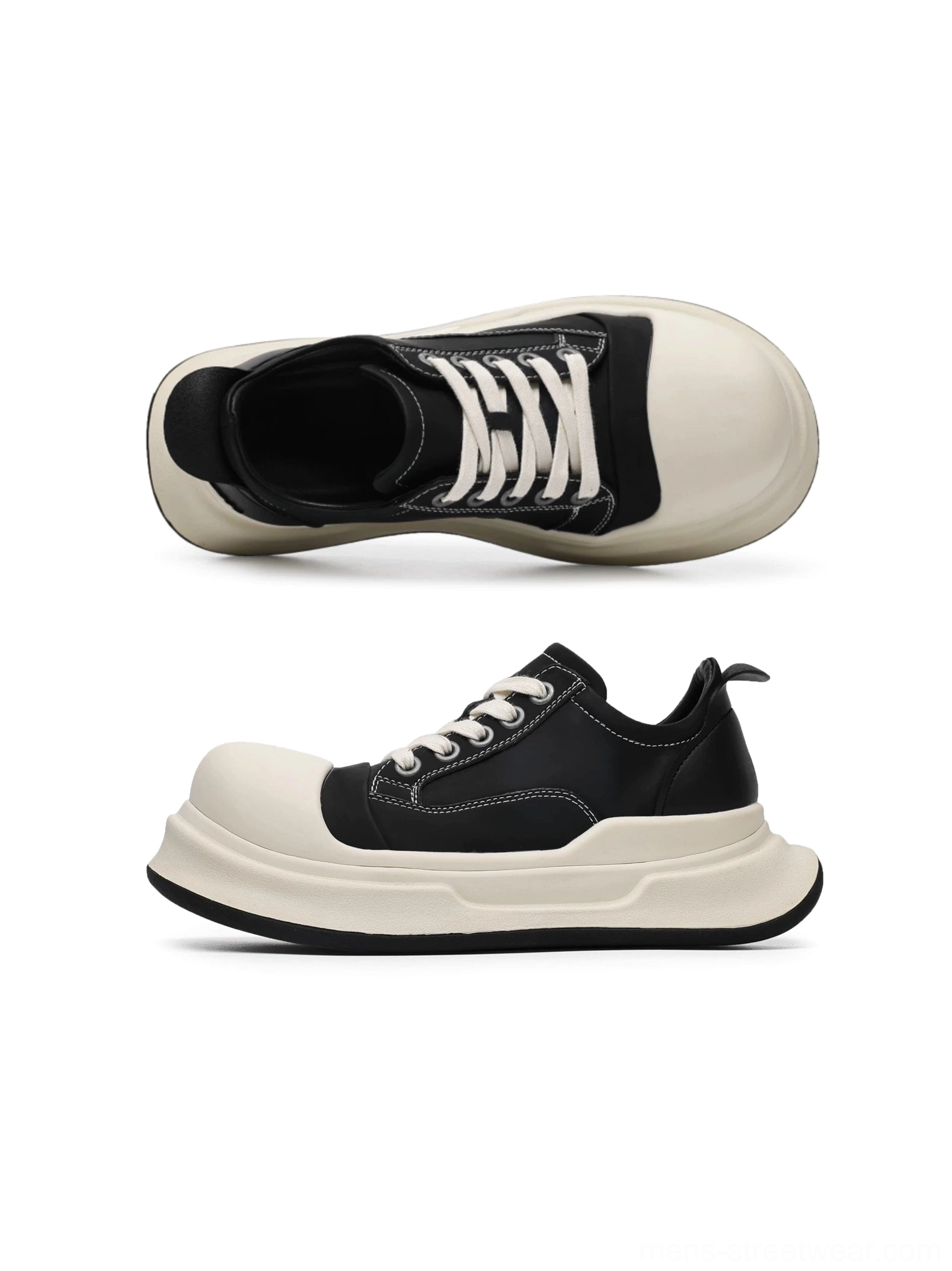 Top and side flat lay view of black platform sneakers showing the oversized rounded toe, layered composite sole, off-white laces, and contrast color blocking