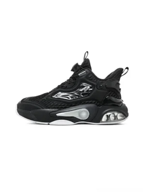 Black high-top air-cushion streetwear running sneaker with breathable mesh upper, rotating quick-lacing buckle, flame-inspired side detail, and transparent sole