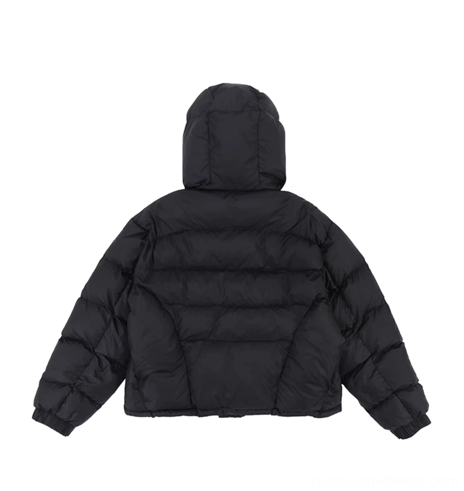 Black boxy cropped puffer jacket flat lay back view showing horizontal quilted panels and attached hood