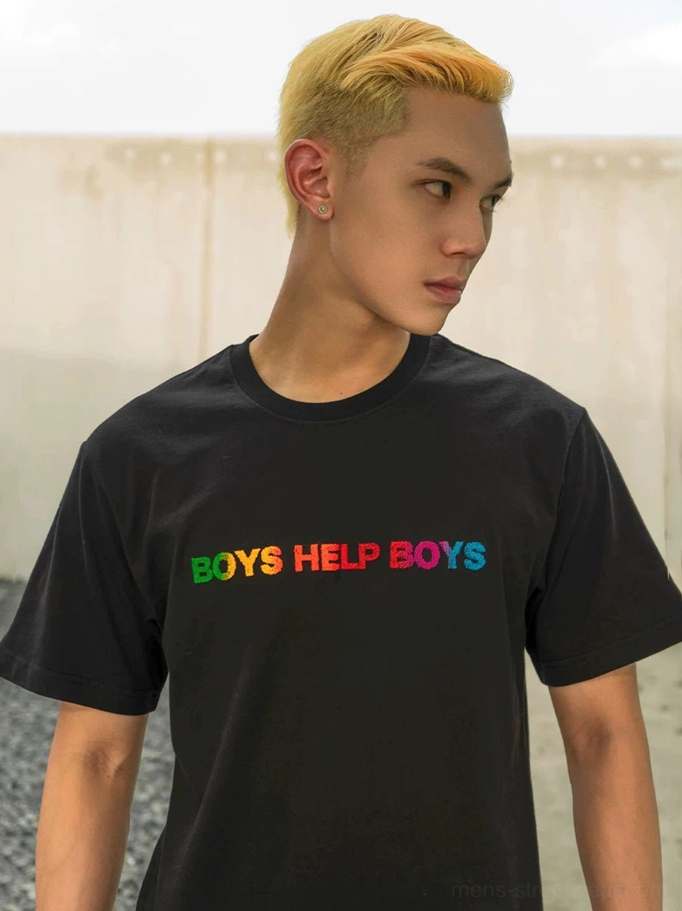 Black Boys Help Boys rainbow graphic crewneck T-shirt showing colorful gradient chest lettering and structured cotton jersey