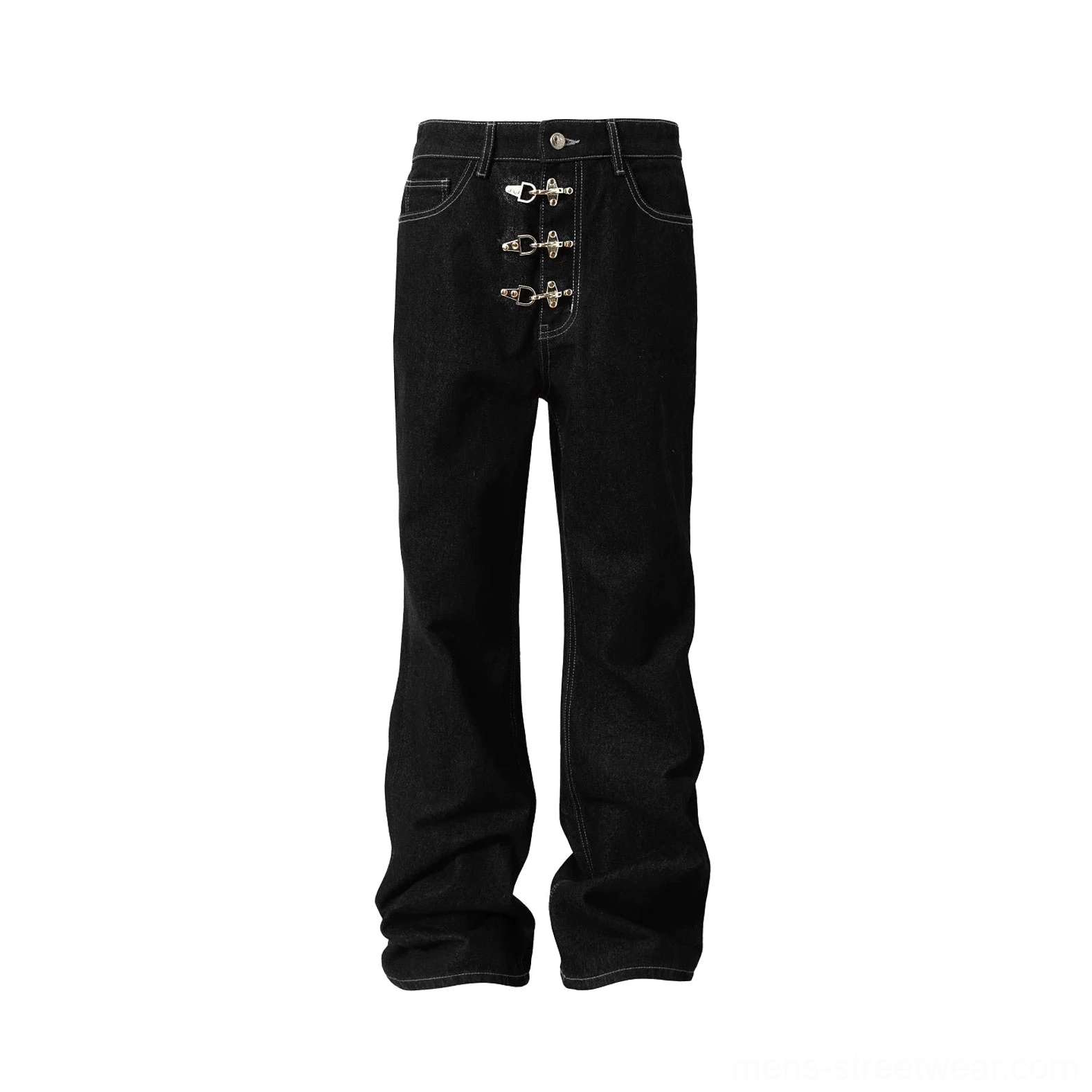 Flat lay of black buckle front wide leg jeans showing full metal closure system, five pockets, and clean denim silhouette