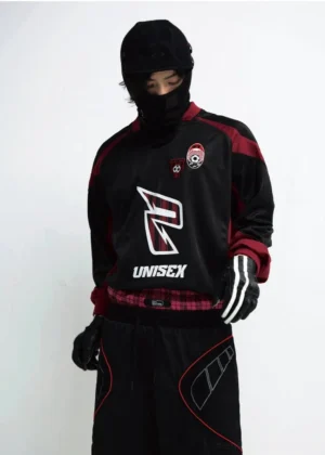 Black burgundy motorsport graphic sweatshirt front view styled as a relaxed unisex Korean streetwear outfit
