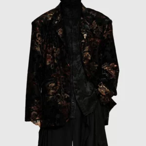 Black burnout floral velvet oversized streetwear blazer front full body view with black layered outfit