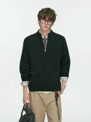 Black cable-knit half-zip sweater with mock collar styled with khaki trousers, shirt and tie for Korean streetwear fashion