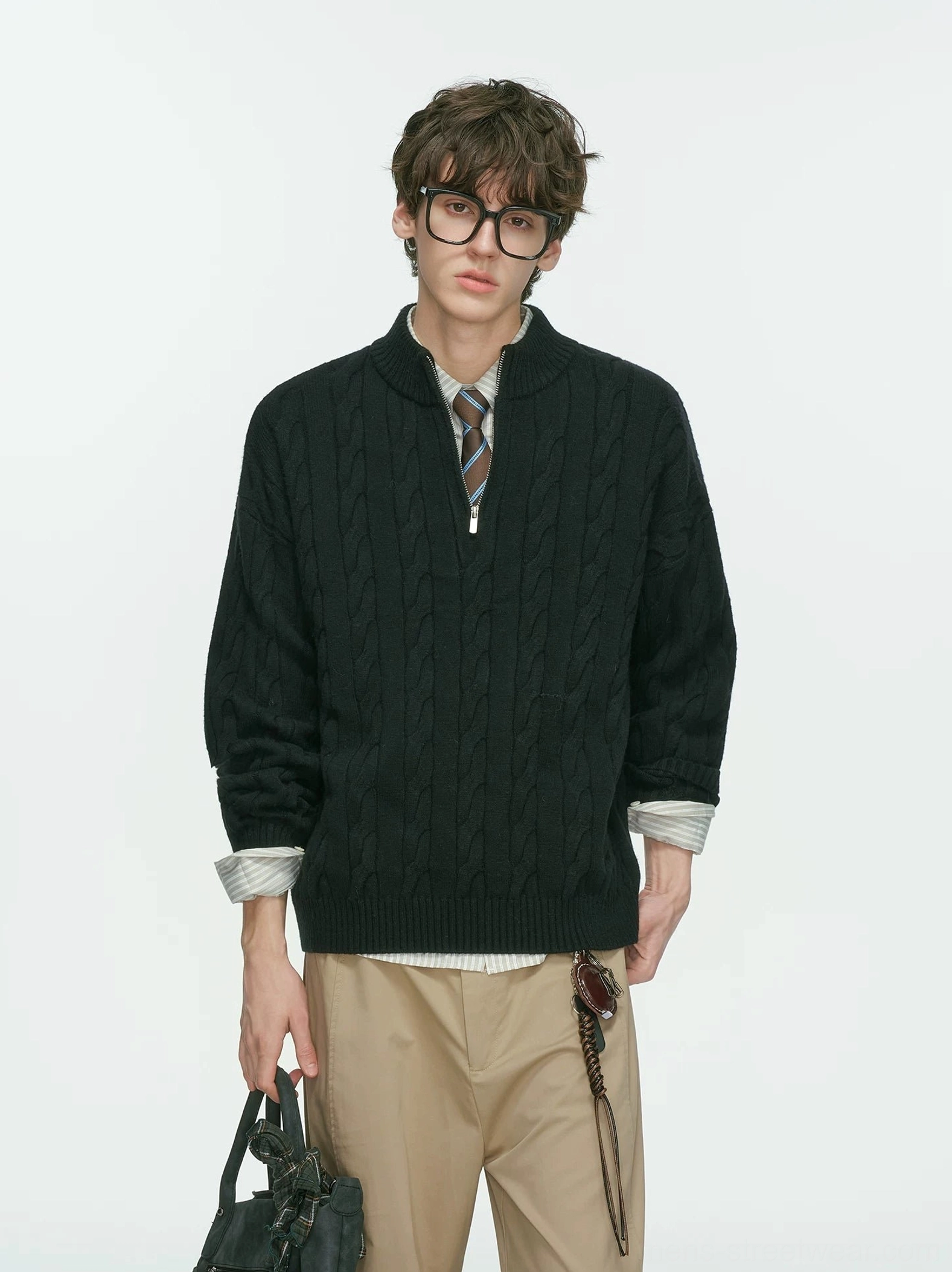 Black cable-knit half-zip sweater with mock collar styled with khaki trousers, shirt and tie for Korean streetwear fashion
