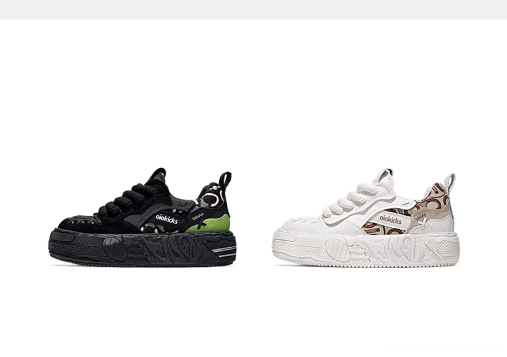 Black camo heel panel platform sneaker rear side view showing chunky black rubber sole and green accent