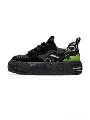 Black camo panel leather platform streetwear sneaker with oversized laces and chunky textured rubber sole front side view