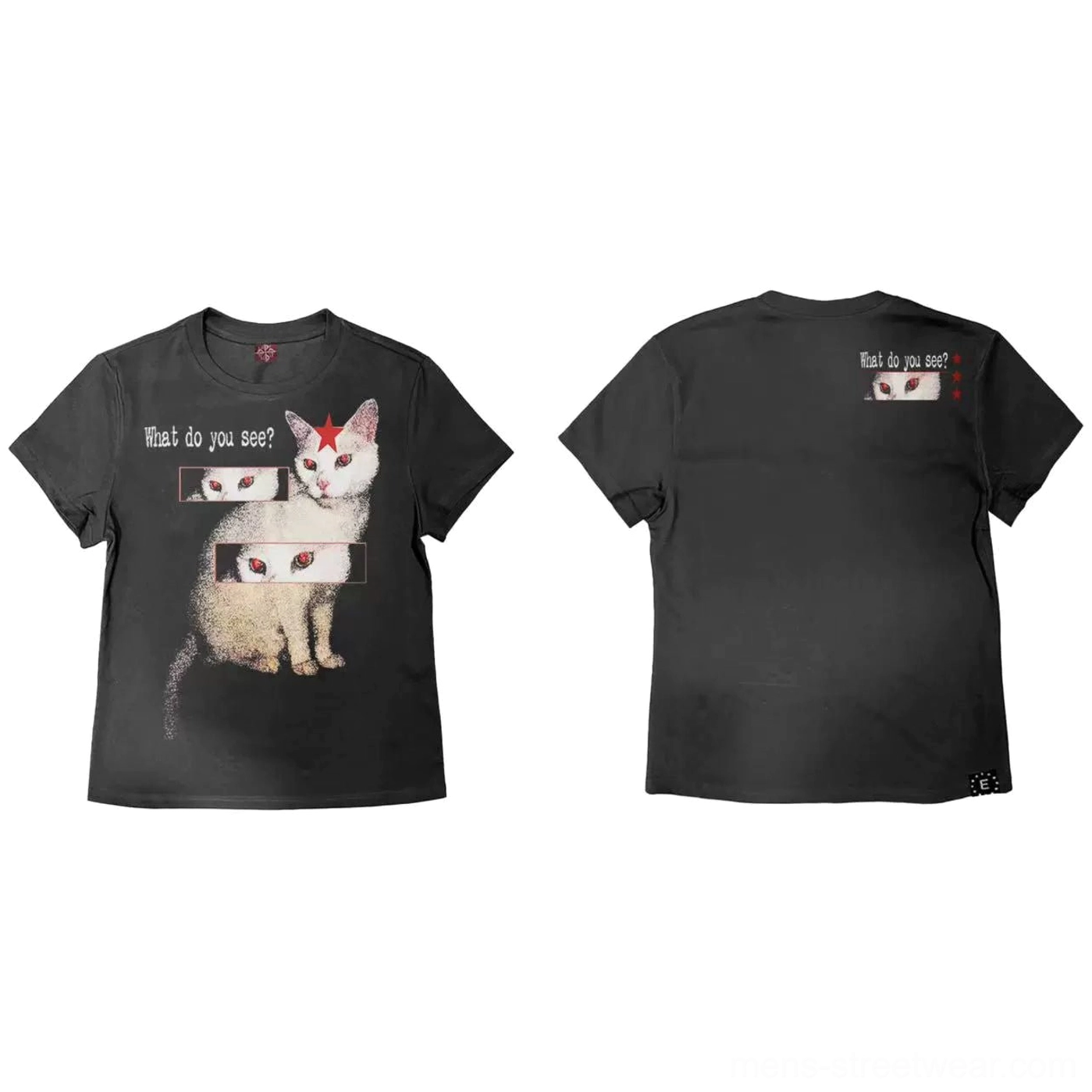 Flat lay front view of black short-sleeve cat optical illusion graphic T-shirt with white artwork and What do you see slogan