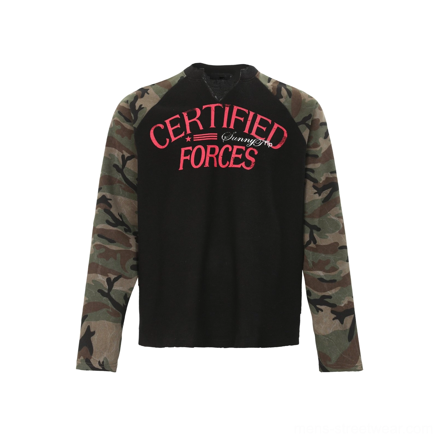 Black certified forces camo raglan sleeve waffle henley long sleeve shirt flat lay