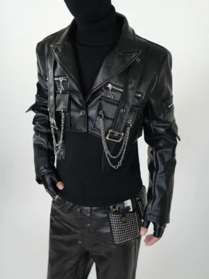 Black chain tactical cropped faux leather biker jacket front view with silver zipper hardware and layered cyberpunk streetwear styling