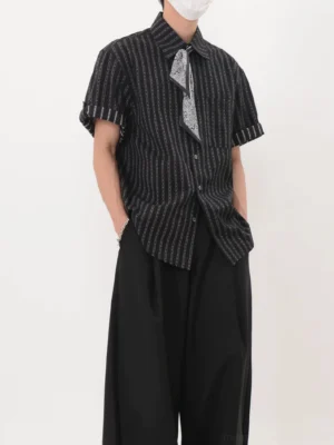 Black men's chainstripe short sleeve button-up shirt with detachable paisley bandana scarf, rolled cuffs, chest pocket, and relaxed Korean streetwear fit