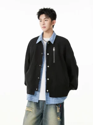Black checker collar layered coach jacket for men with snap-button front and zip chest pocket streetwear outfit