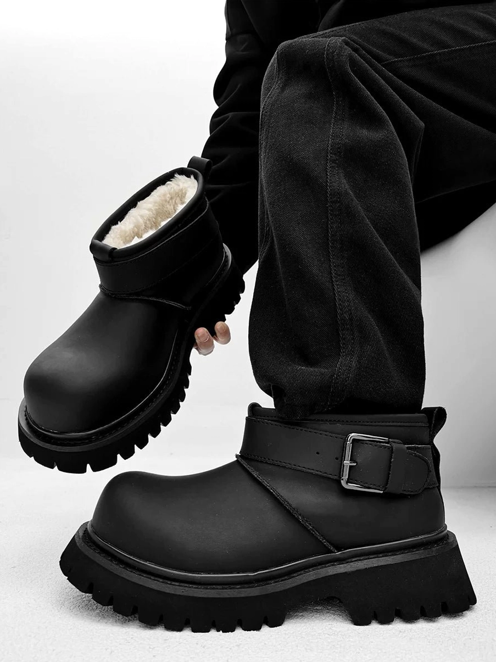 Black chunky fleece-lined platform boots displayed with adjustable silver buckle strap and serrated winter outsole