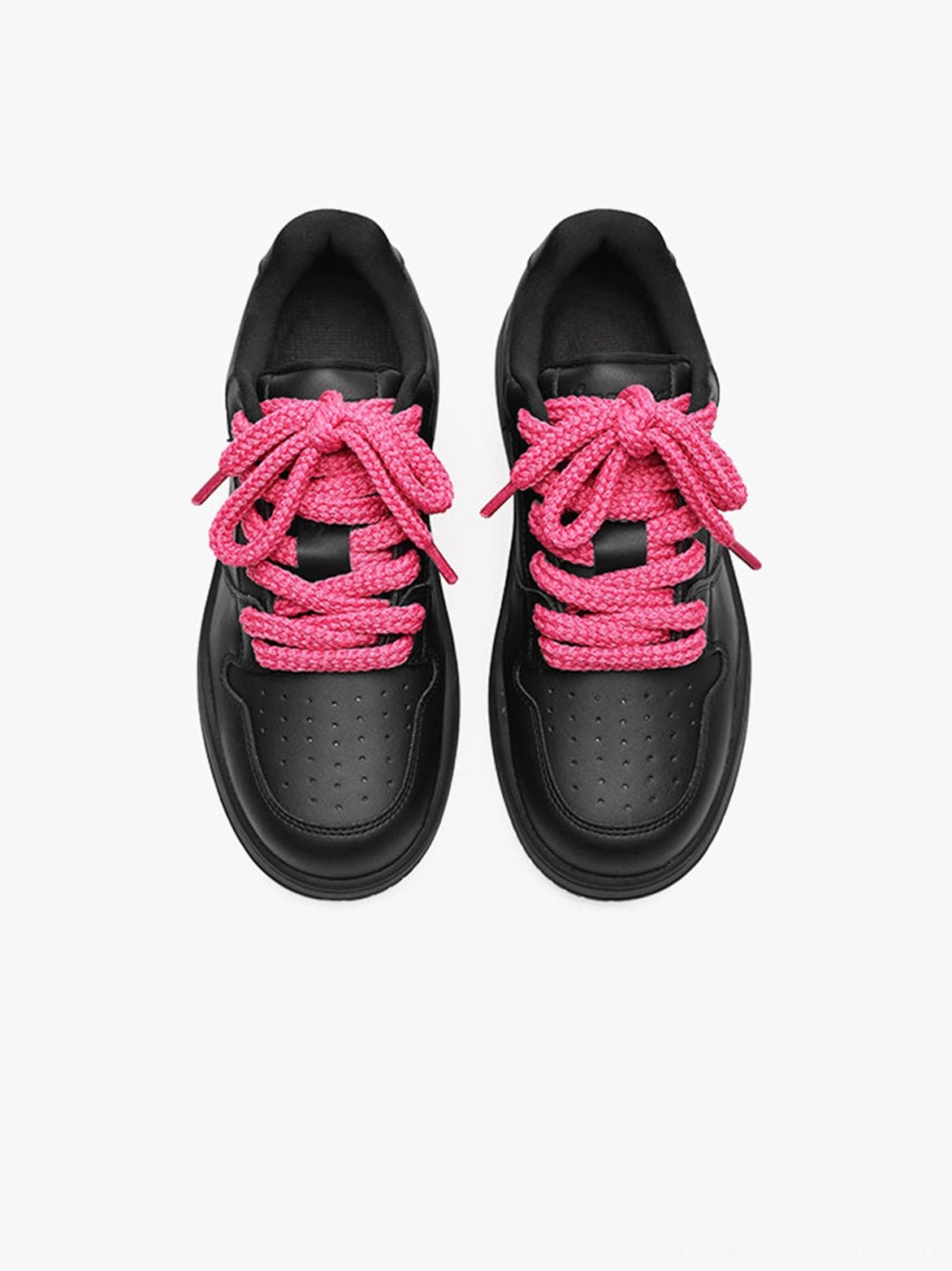 Black chunky platform sneakers product image with vivid pink lace detail for Korean streetwear outfits
